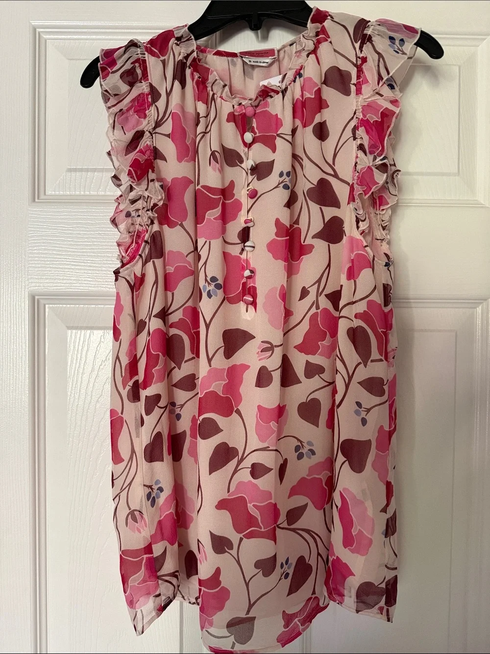 KATE SPADE Pink Floral Ruffle-Trim Silk Blouse NWT